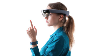 Woman using augmented reality glasses for innovative technology interaction, white isolated background.