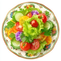 Fresh colorful vegetable salad with lettuce tomatoes cucumbers herbs and edible flowers served on decorative plate for healthy meal or picnic