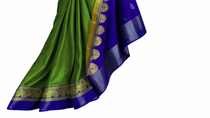 Luxurious green and blue silk fabric with intricate gold patterns.