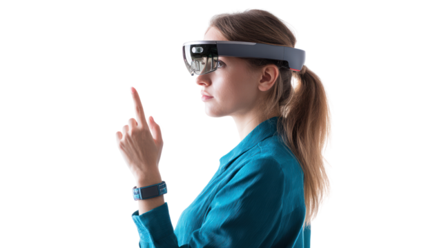 Woman using augmented reality glasses for innovative technology interaction, white isolated background.
