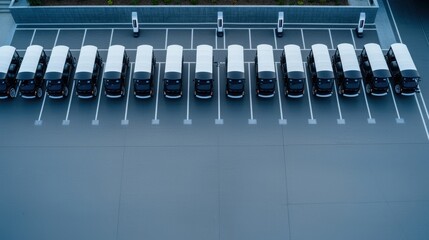 Aerial View of Aligned Electric Rickshaws in Parking Lot with Charging Stations