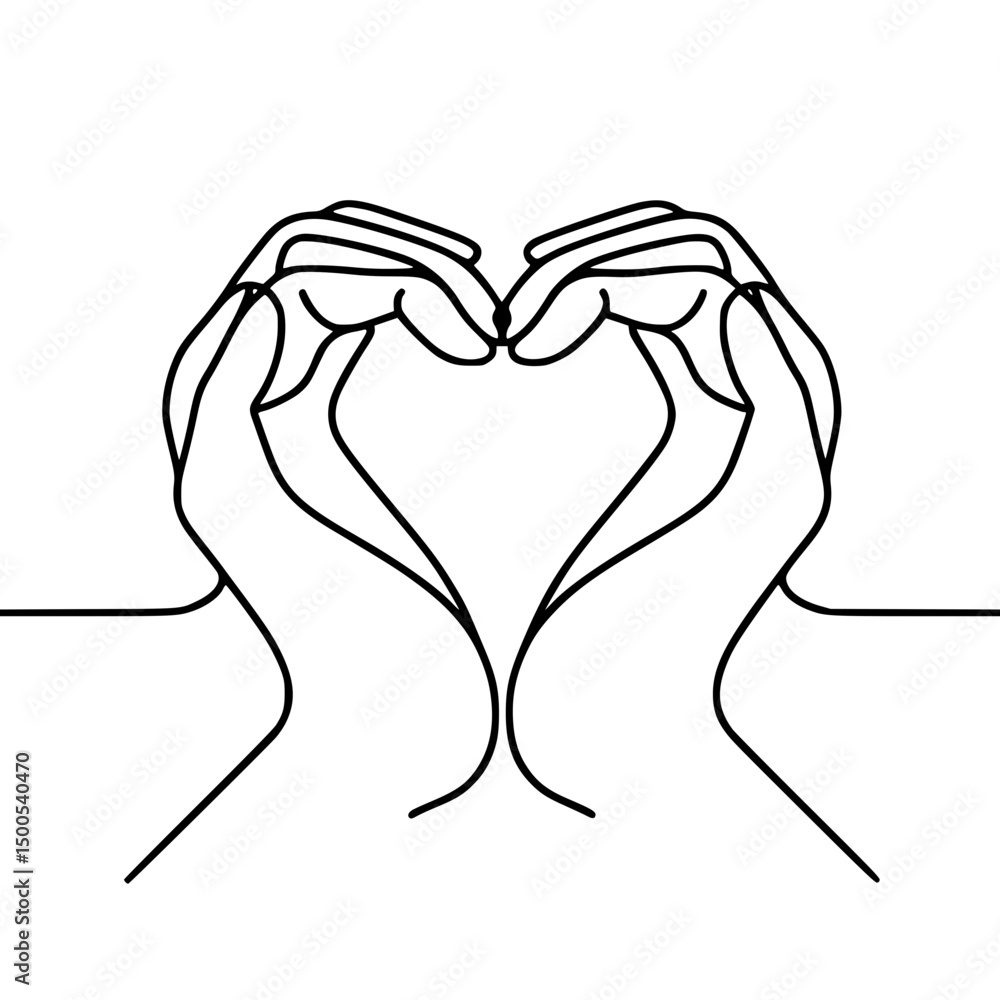 Poster child's hands creating heart shape in single line vector outline