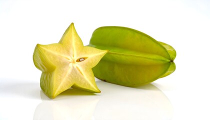 Fototapeta premium Half-cut star-shaped apple next to whole fruit on white, symmetry focus.