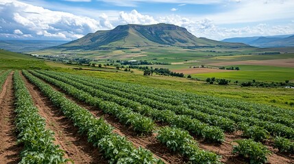 Lush potato field stretches to a mountainous horizon under a partly cloudy sky
