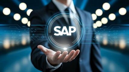 Businessman Presenting SAP Technology, Futuristic Interface, Digital Transformation