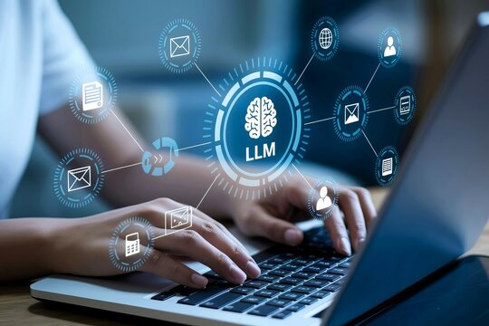 Person using laptop with LLM interface showing data processing, communication, and user interaction.