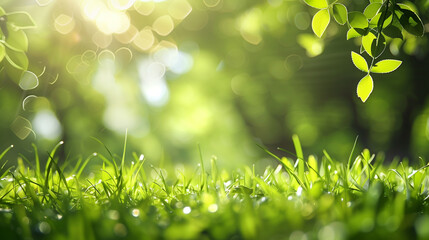 A fresh spring sunny garden background of green grass and blurred foliage bokeh.
