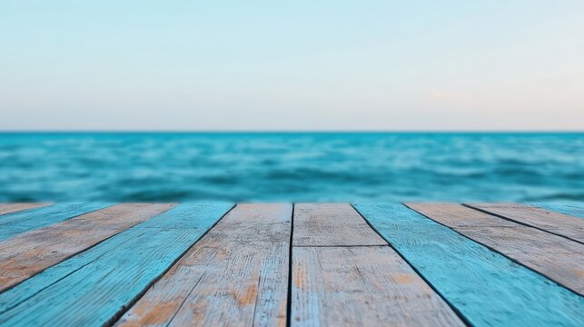 Serene wooden boardwalk extending into a tranquil ocean, featuring gentle waves and a soft-focus background, ideal for product placement or branding opportunities - Powered by Adobe