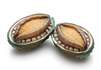 A pair of abalone shells displayed against a bright, clean background area
