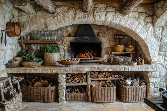 Rustic stone fireplace with arched alcove, wood storage below, and herbs and cookware displayed on a wide hearth.  Fire burns brightly within - Powered by Adobe