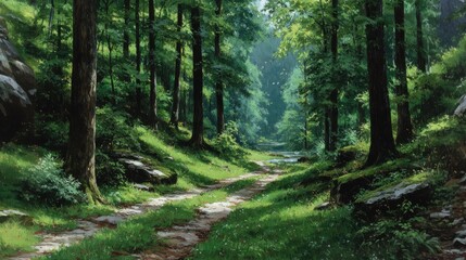 Peaceful forest path winding through lush greenery &mdash; dappled sunlight filters through tall trees &mdash; serene atmosphere with distant birds and a soft stream reflecting calm.