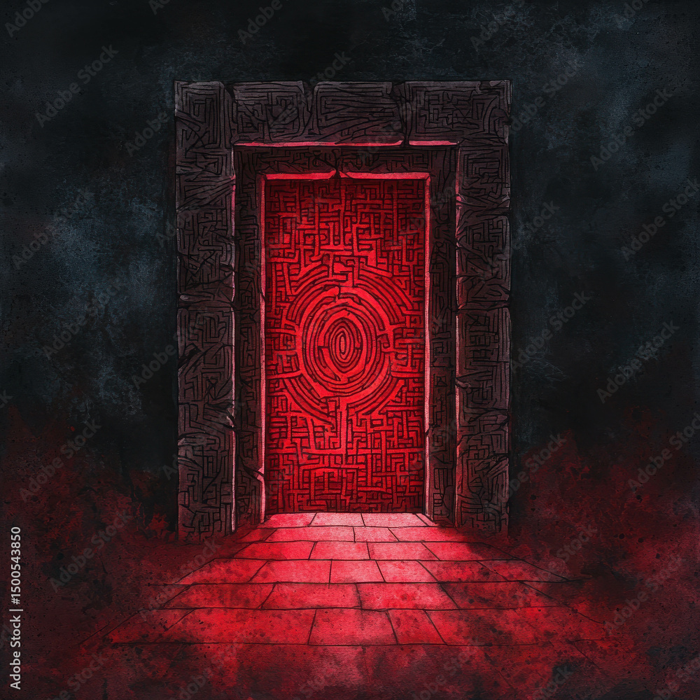 Poster mysterious red door in dark maze, radiating an intriguing light, surrounded by shadows and enigmatic
