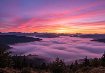 Obraz premium Photo of a Vivid Sunrise Over Mountainous Landscape with Purple Haze and Orange Hues
