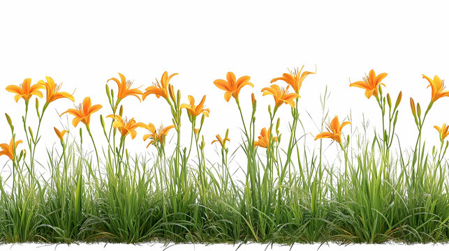 Orange daylilies in a fresh patch of green grass, white background.