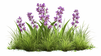 Fototapeta premium Violet wildflowers blooming in green grass, vertical growth pattern, isolated on white.