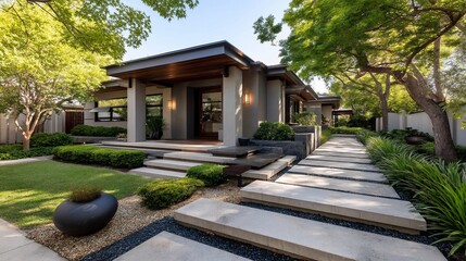 Fototapeta premium Modern house surrounded by lush landscaping