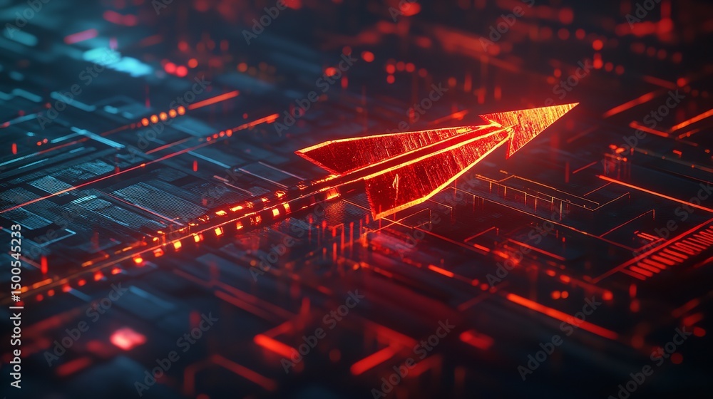 Poster abstract red arrow digital technology futuristic background design 3d art data dark board lines