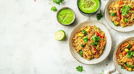 Healthy quinoa dish with vegetables and sauce.