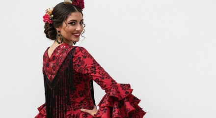 Photo Of A Woman In Red Flamenco Dress Smiling And Looking Back Against White Background