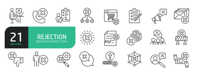 Set Of Rejection Line Icons. Contains such icons as Cross Shape, Rejection, Failure, Cancel, Privacy, Alertness, Delete Key, Forbidden, and more.
