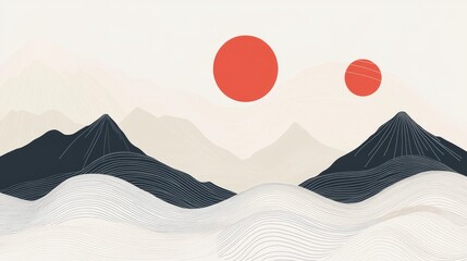 80.A minimalist Japanese-style vector featuring flowing line wave patterns in soft pastel tones, with geometric mountain shapes blending into the background.