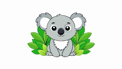 Cartoon koala with cute large eyes and grey fur on lush green background