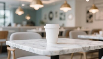 Fototapeta premium White paper coffee cup on wooden counter in modern restaurant interior