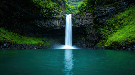 Fototapeta premium Serene Waterfall Cascading into Tranquil Pool Surrounded by Lush Green Vegetation in Majestic Natural Landscape