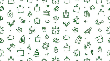 Holiday Icons Green Doodle Seamless Pattern