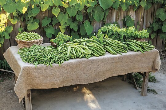 Fresh Harvest Display A Tableful of Green Beans and Vegetables for Sale in the Garden