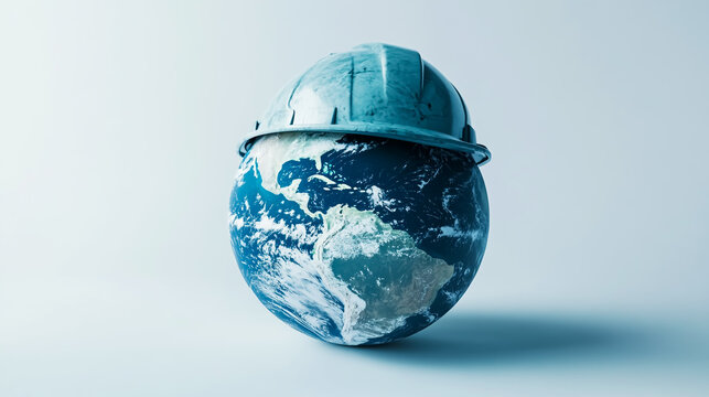 A conceptual image representing global workplace safety and health a construction helmet resting on or embracing planet Earth