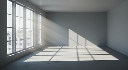 Fototapeta premium Empty room with blank walls in modern gray tones with glass windows. Can see outside the room and there is a shadow of light entering the room