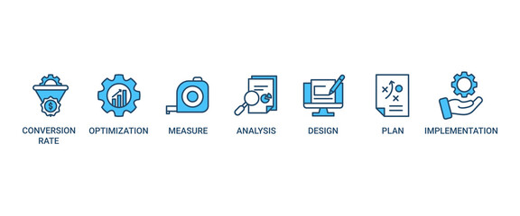 CRO banner web icon set vector illustration concept for conversion rate optimization with icon of measure, analysis, design, plan, and implementation icons symbol live stroke easy to edit