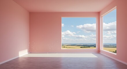 Fototapeta premium Empty pink room with window overlooking the outside