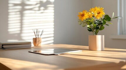 Bright Workspace with Yellow Flowers and Tablet
