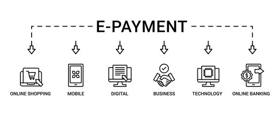 E-Payment banner web icon set vector symbol illustration concept of internet banking with icon of online shopping, technology, digital, mobile, business and online banking