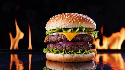 Juicy double cheeseburger against flames reflects tempting grill mastery in slow motion