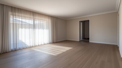 Fototapeta premium Bright Open Living Space with Neutral Tones and Soft Sunlight Streaming Through Windows