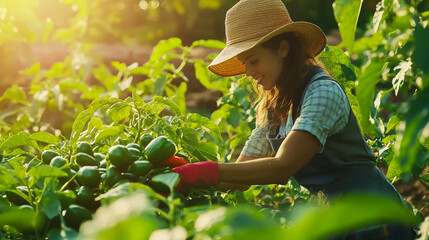 Female farmer harvesting fresh peppers in a vibrant, lush rural farm, captured candidly in a natural outdoor setting