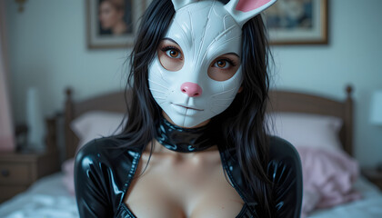 Woman with white rabbit mask and black latex top