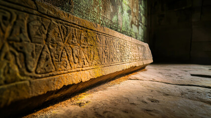 Ancient Stone Relief with Intricate Carvings in Dimly Lit Historical Site Captured in Close-Up Perspective