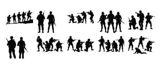 Military Silhouette Vector Icons Soldiers, Weapons, and Combat Positions