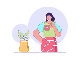 Young people with hot drinks. Tea illustration. Flat outline vector illustration concept.