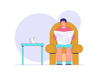 Man reading newspaper with mug of hot drink sit on armchair and relax. Tea illustration. Flat outline vector illustration concept.