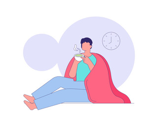 Young ma enjoying green tea under blanket. Tea illustration. Flat outline vector illustration concept.