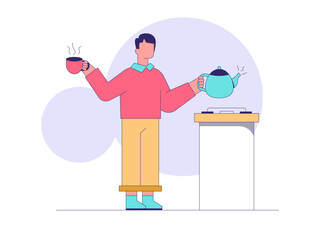 Man make hot tea in office. Tea illustration. Flat outline vector illustration concept.