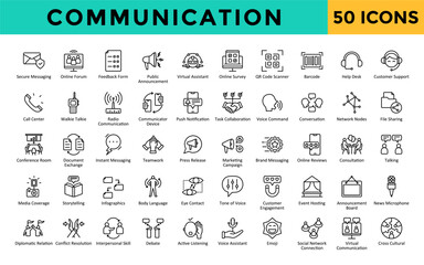 Communication icons set with secure messaging, online forum, feedback form, public announcement, virtual assistant, online survey, qr code scanner, barcode, help desk icon. Simple line vector 
