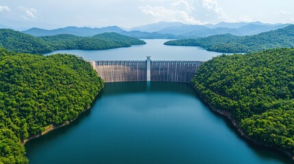 Fototapeta premium Aerial view of a hydroelectric dam providing sustainable power amidst a beautiful natural environment