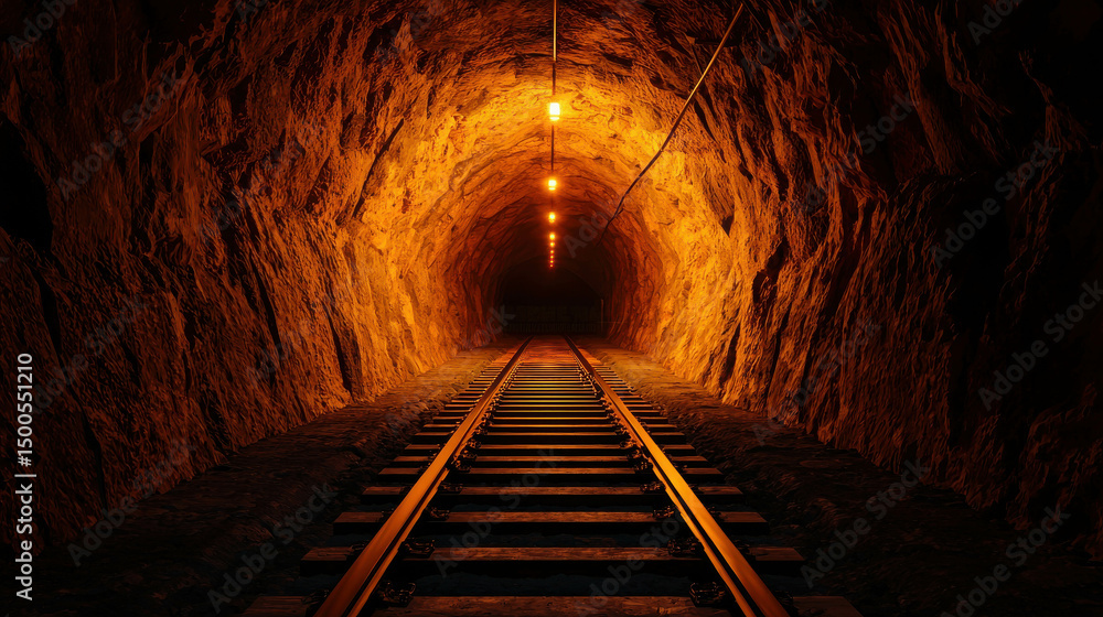 Poster deep underground tunnel with rail tracks illuminated by warm yellow lights in a rocky environment, c