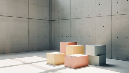Five pastel-colored cubic boxes arranged on a concrete floor in a minimalist room, bathed in sunlight streaming through a high window